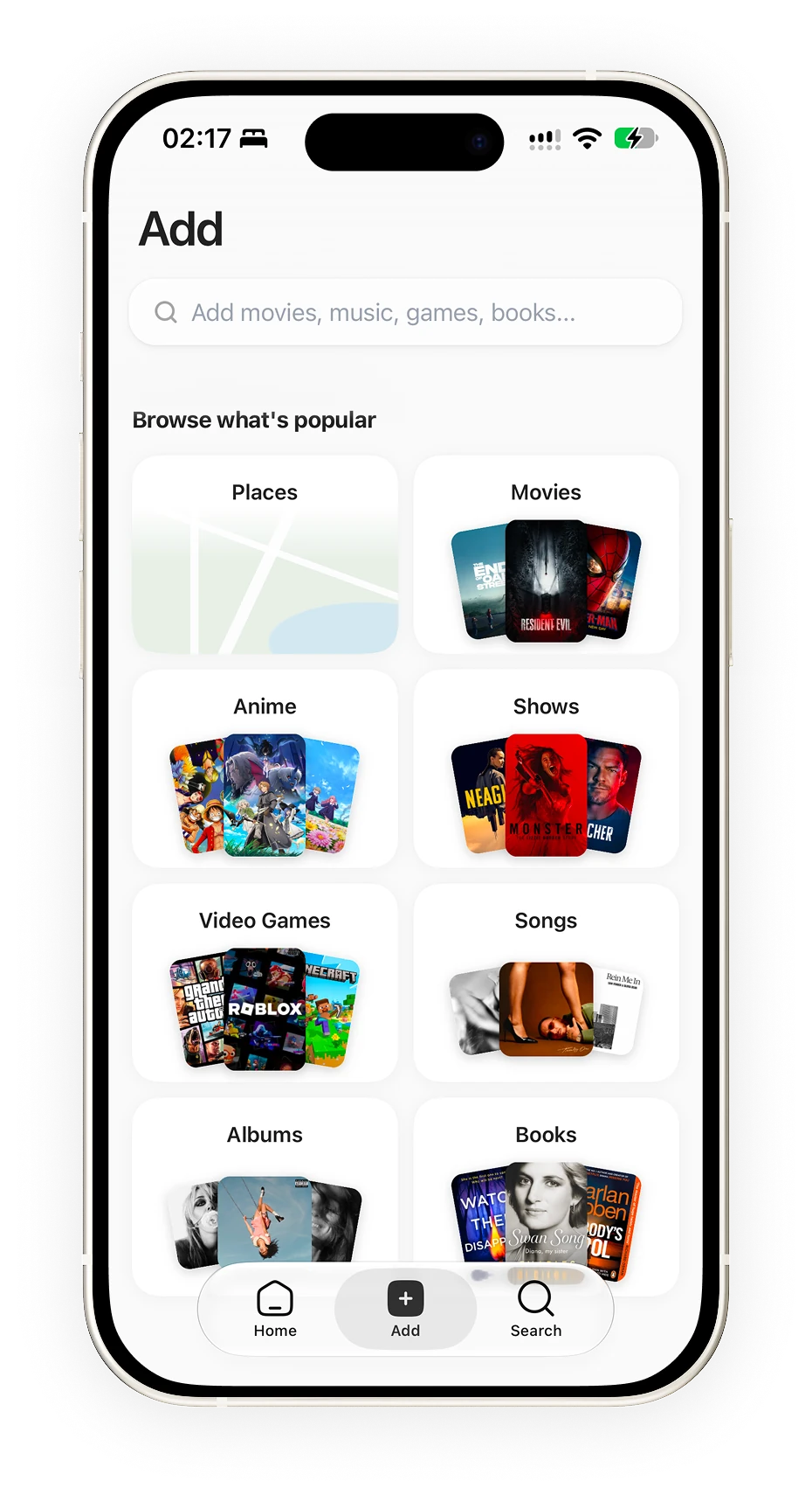 Add screen with content categories / Pantalla para agregar contenido por categoría