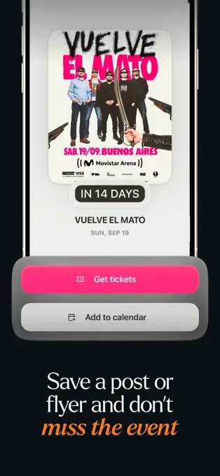 An event leads to tickets and calendar / Un evento lleva a entradas y calendario