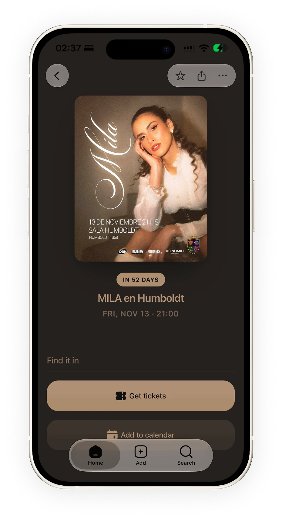 Event detail with ticket and calendar actions / Ficha de evento con entradas y calendario